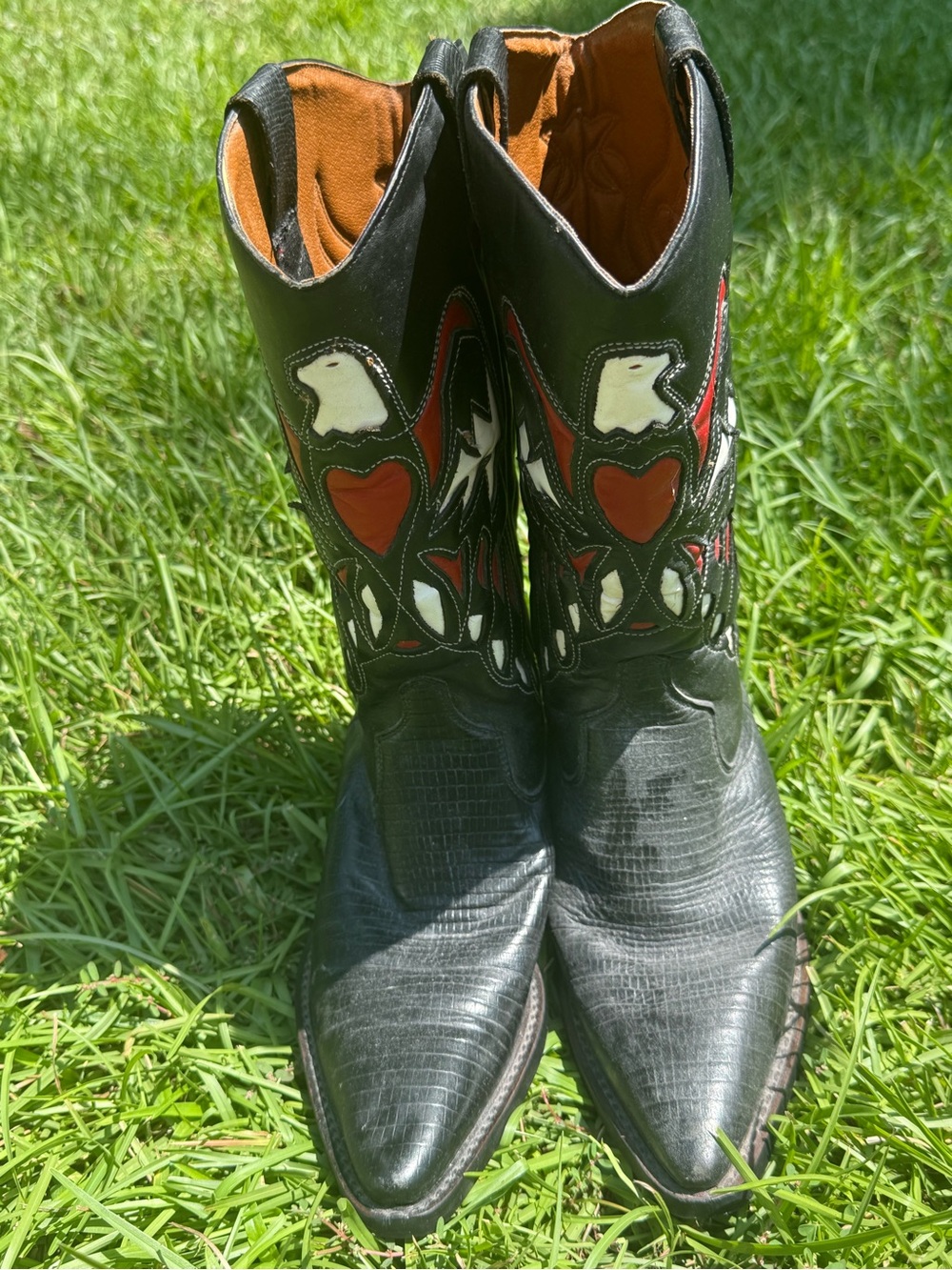 Nine West Black Leather Western Boots with Red and White Inlay Size 7.5